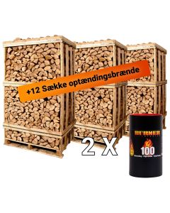 Super tilbud med tørt brænde og optændingspakke. Brændet har stået overdækket i ca. 1 år og er klar til brug ved levering. Med vores optændingspakke kan du altid få tændt ordentligt op i din brændeovn. 